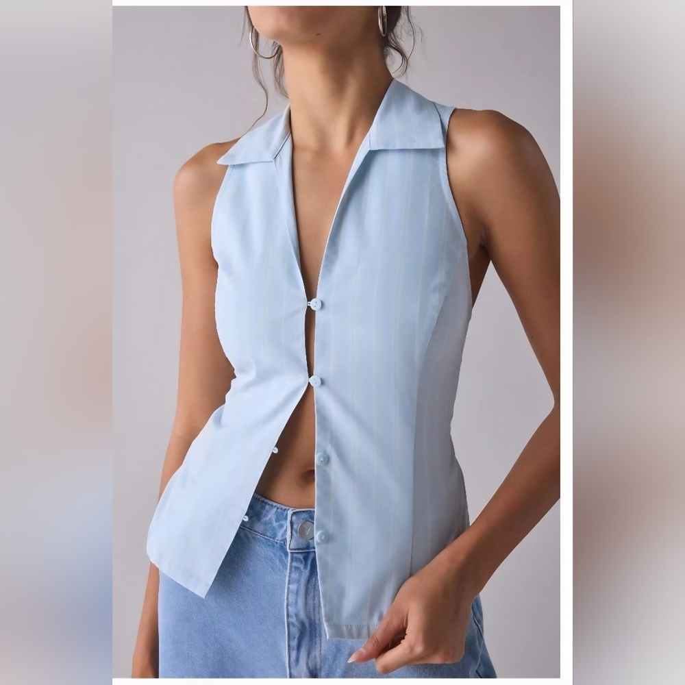 Urban Outfitters Light Blue Sleeveless Collared Button Front Top